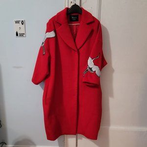 Embroidered Oversized Red Wool Coat